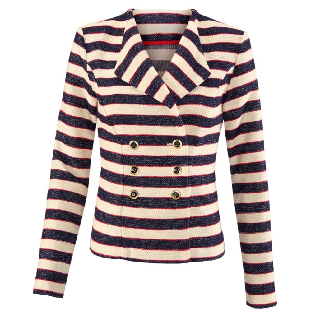CAbi Navy, Cream & Red Striped Double-Breasted Blazer